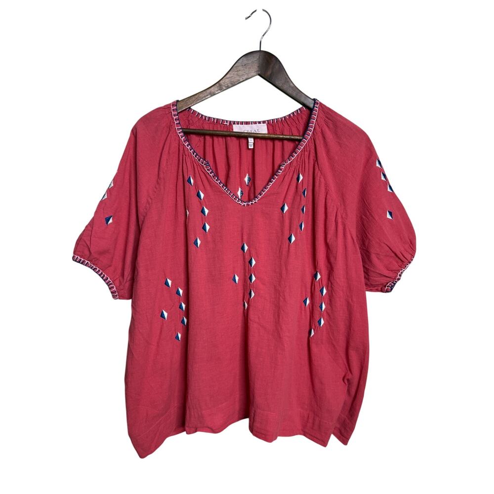 The Great. The Hacienda Embroidered Top Size L Coral Cotton Boho Peasant Blouse